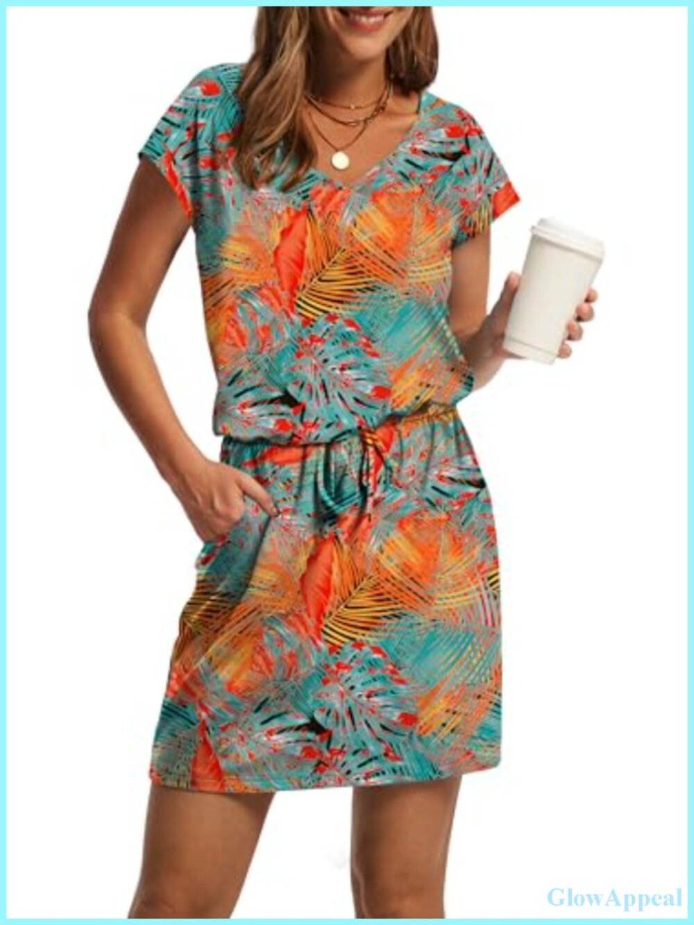 V Neck Casual Mini Dress Tie Waist Sundress with Pockets Summer